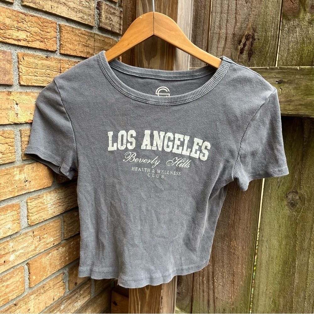 Gray Women's Short Sleeve Ribbed Los Angeles Baby Tee